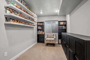 Sitting room with a textured ceiling, carpet floors, and recessed lighting