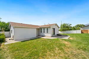 Back of house featuring a patio area, a fenced backyard, and a shingled roof