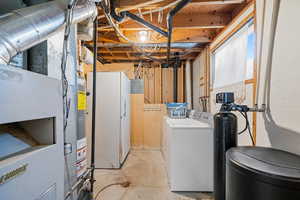 Unfinished below grade area featuring a water softener, washer and dryer, and heating unit