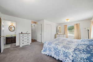 Carpeted bedroom with ensuite bathroom and a closet