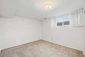Carpeted spare room with baseboards and a textured ceiling