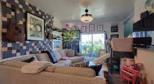 Living area with a textured ceiling