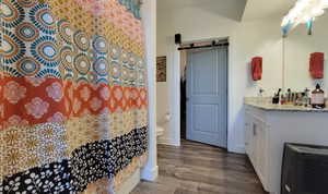 Full bath with wood finished floors and vanity