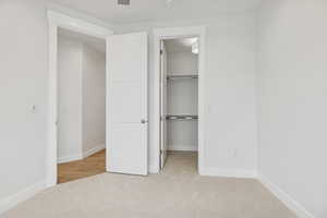 Unfurnished bedroom featuring light colored carpet and a walk in closet