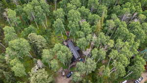 Aerial view of property's location featuring a heavily wooded area