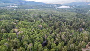 Aerial overview of property's location featuring a heavily wooded area and a mountainous background