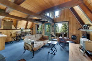 Living room featuring wooden walls, carpet, and wood ceiling