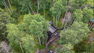 Aerial view of a heavily wooded area