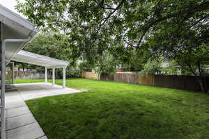 Fenced backyard featuring a patio area