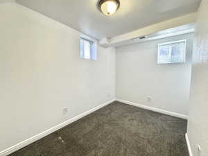 Below grade area featuring a textured wall and dark colored carpet