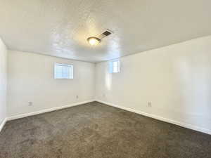 Below grade area featuring plenty of natural light, a textured ceiling, and dark colored carpet