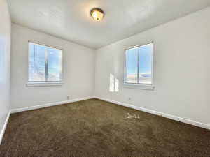 Spare room featuring dark colored carpet and plenty of natural light