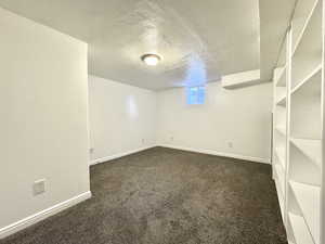 Basement with a textured ceiling, dark carpet, and a textured wall