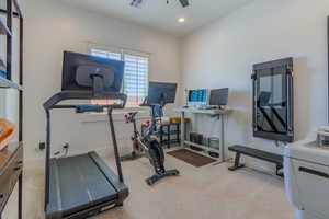 Workout room featuring carpet flooring, recessed lighting, and ceiling fan