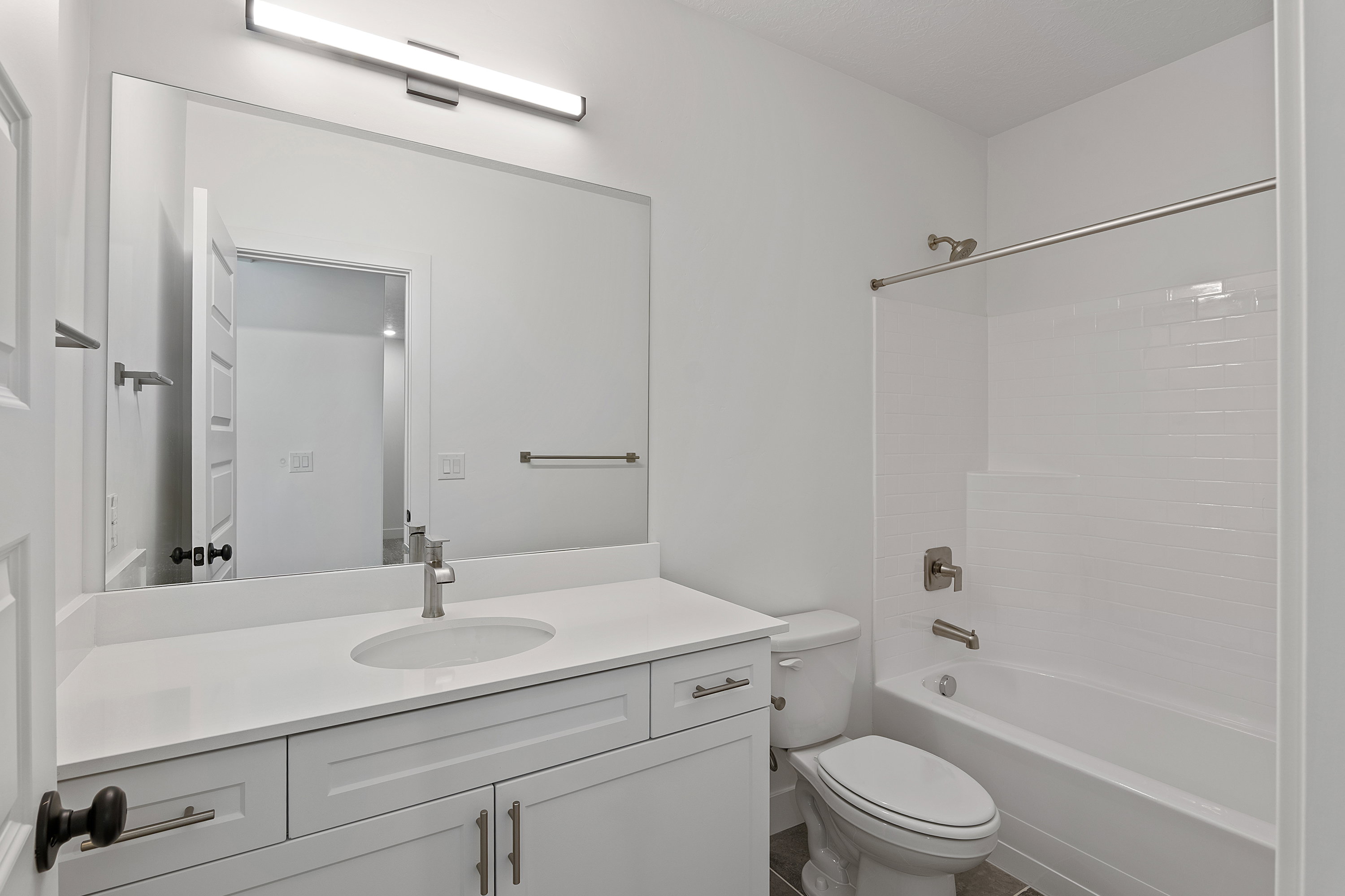 Bathroom with vanity and shower / bath combination