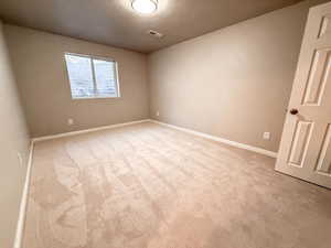 Unfurnished room with light colored carpet and a textured ceiling