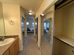 Ensuite bathroom featuring vanity and light carpet