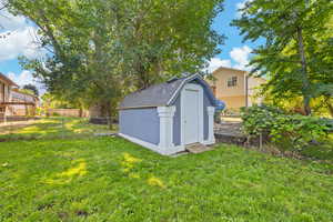 View of shed featuring a fenced backyard