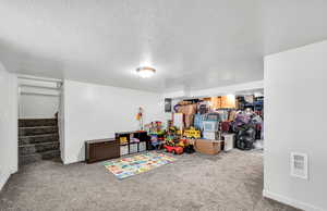 Rec room featuring carpet floors, a textured ceiling, and heating unit
