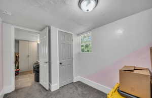 Playroom with a textured ceiling and carpet flooring