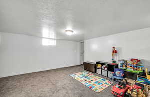 Playroom with a textured ceiling and carpet floors