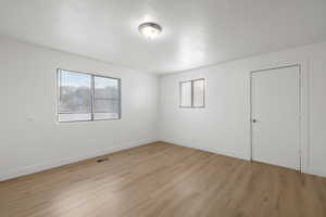 Unfurnished room featuring plenty of natural light, a textured ceiling, and light wood-style floors