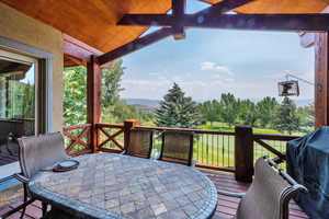 Wooden terrace with grilling area and outdoor dining space