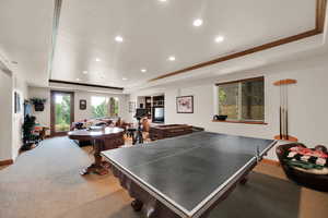 Rec room featuring plenty of natural light, a raised ceiling, recessed lighting, carpet flooring, and ornamental molding