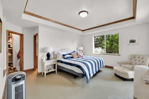 Carpeted bedroom featuring a raised ceiling and ornamental molding
