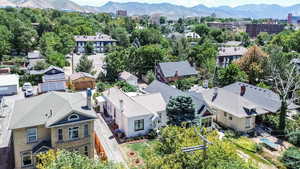 Aerial perspective of suburban area with mountains