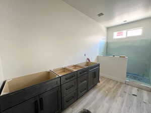 Bathroom with wood finished floors and a walk in shower