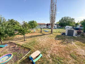 View of yard with a storage shed