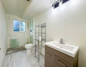 Bathroom with vanity, a textured ceiling, and a shower