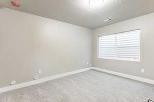 Empty room featuring carpet and a textured ceiling