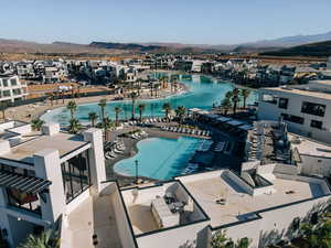 Aerial view of residential area with a mountain backdrop
