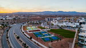 Aerial view at dusk of a mountain view and a residential view