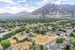 Aerial perspective of suburban area with property boundaries highlighted and a mountain backdrop