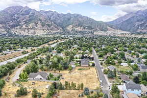 Aerial perspective of suburban area with mountains