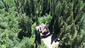 Aerial overview of property's location with a heavily wooded area