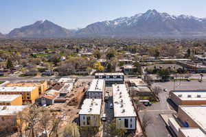 Aerial view of residential area with mountains