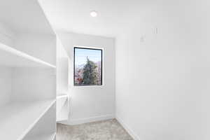 Walk in closet featuring carpet flooring