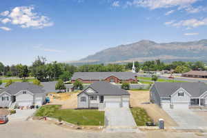 Aerial view of residential area with mountains