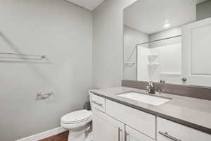 Bathroom with vanity and wood finished floors