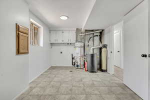 Washroom with hookup for an electric dryer, cabinet space, and secured water heater
