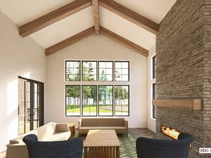 Living room featuring a brick fireplace, beamed ceiling, high vaulted ceiling, arched walkways, and french doors