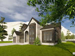 View of front of property with stone siding, decorative driveway, a front yard, and a mountain view