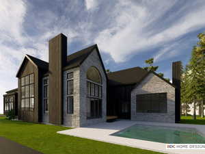 Exterior space with a chimney, an outdoor pool, and a front lawn