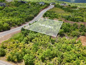 Aerial view of property's location featuring a heavily wooded area and property parcel outlined