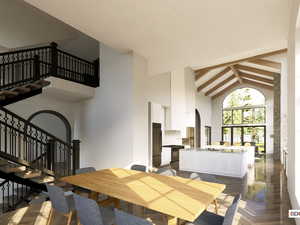 Dining room featuring high vaulted ceiling, beam ceiling, stairway, and arched walkways