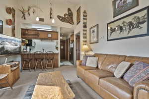 Carpeted living area with a high ceiling